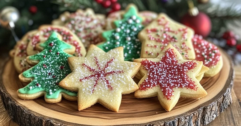 Decorated eggless sugar cookies with icing and sprinkles.