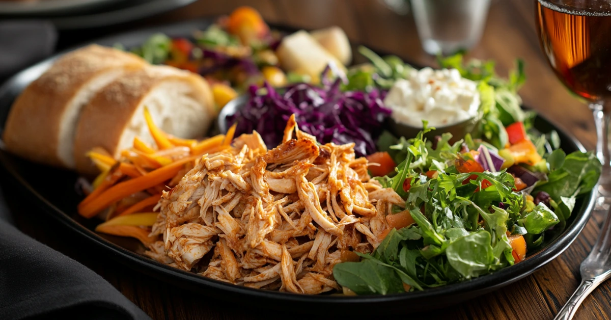 Plated rotisserie chicken with fresh sides and salad