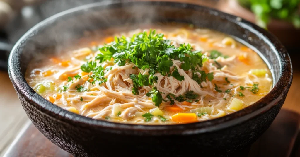 Steaming chicken noodle soup with vegetables and parsley