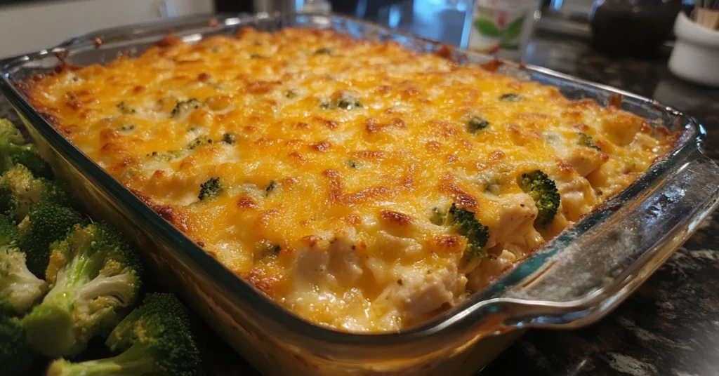 Golden chicken and broccoli casserole in a baking dish