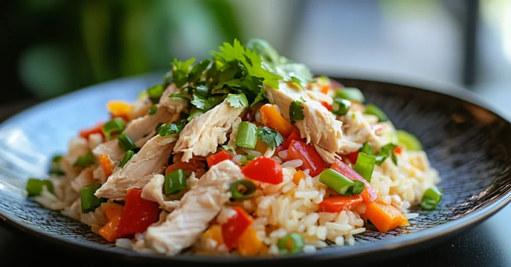 Chicken fried rice with shredded rotisserie chicken, vegetables, and green onions