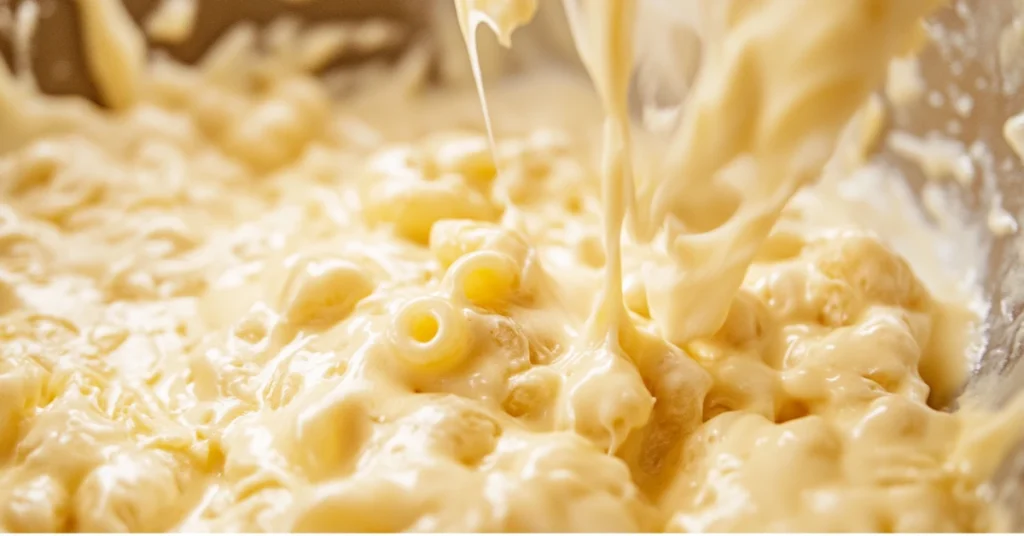 Mixing macaroni with cheese sauce for Chick-fil-A mac and cheese recipe