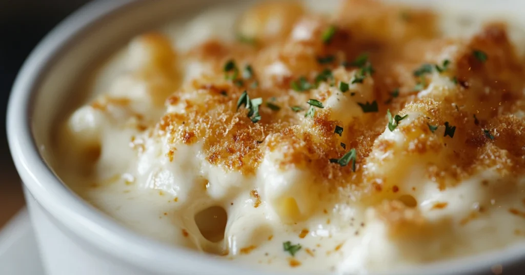 A bowl of Chick-fil-A mac and cheese with a creamy texture and golden baked crust