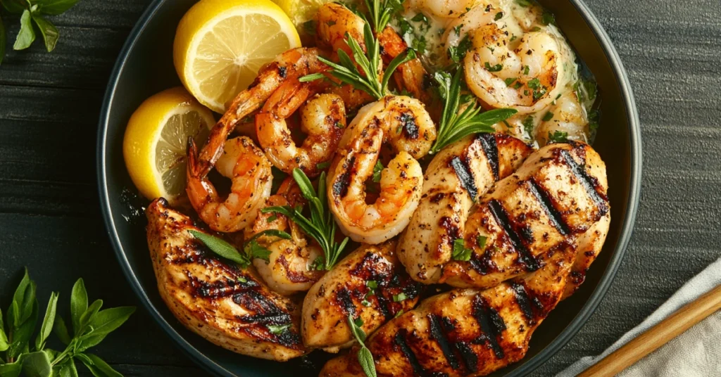 Grilled chicken and shrimp served with fresh herbs and lemon