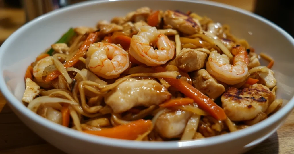 Chicken and shrimp stir-fry with vibrant vegetables in a savory sauce