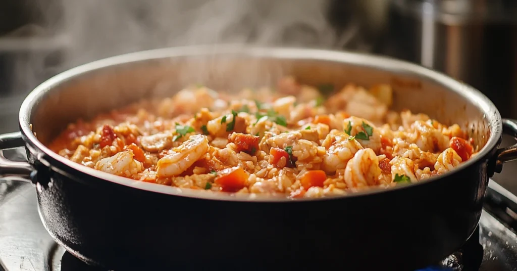 Creole jambalaya with chicken, shrimp, and sausage topped with fresh parsley.