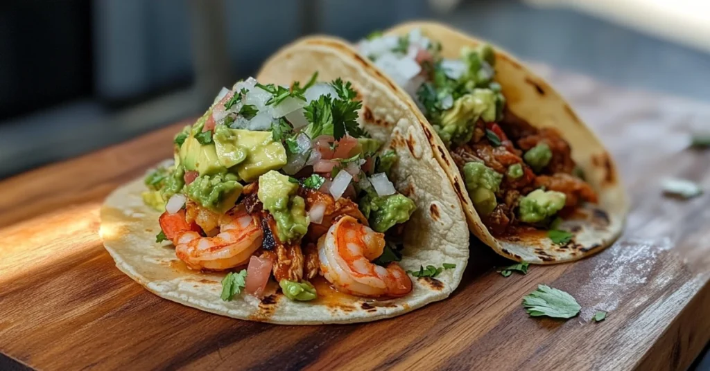 Chicken and shrimp tacos with avocado salsa and cilantro