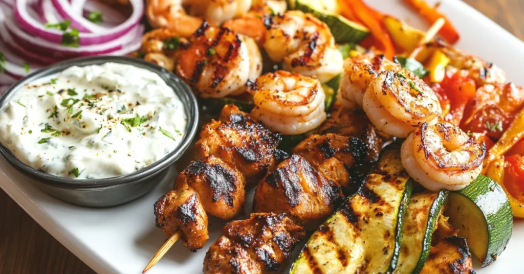 Mediterranean chicken and shrimp skewers with grilled vegetables and tzatziki sauce