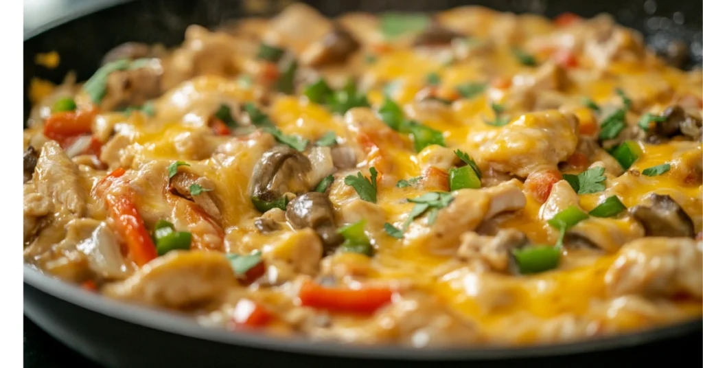 Chicken Philly Cheesesteak Filling Cooking in a Skillet