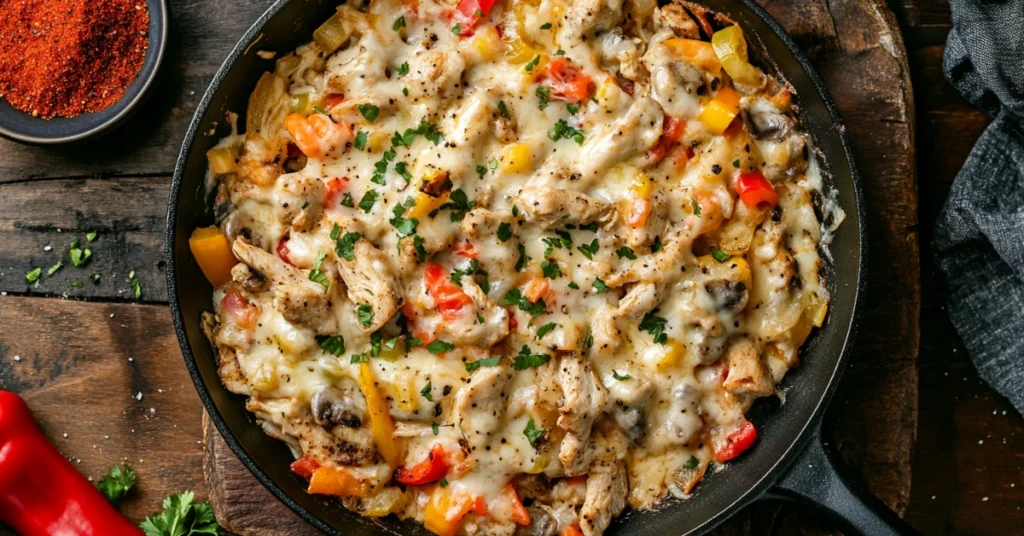 Chicken Philly Cheesesteak filling sizzling in a skillet with tender chicken, peppers, onions, and melted cheese.