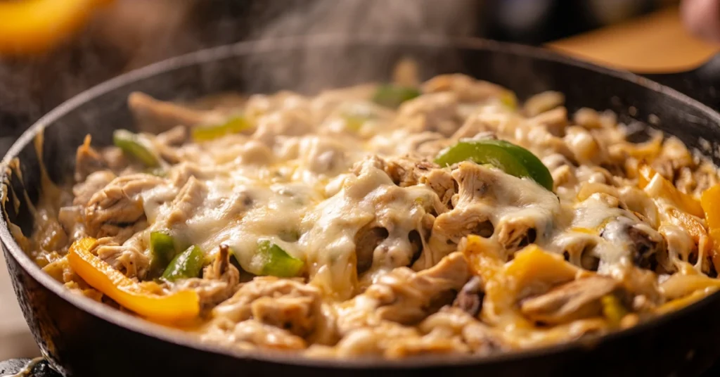 Sizzling skillet filled with Chicken Philly Cheesesteak filling, featuring chicken, peppers, onions, and melted cheese