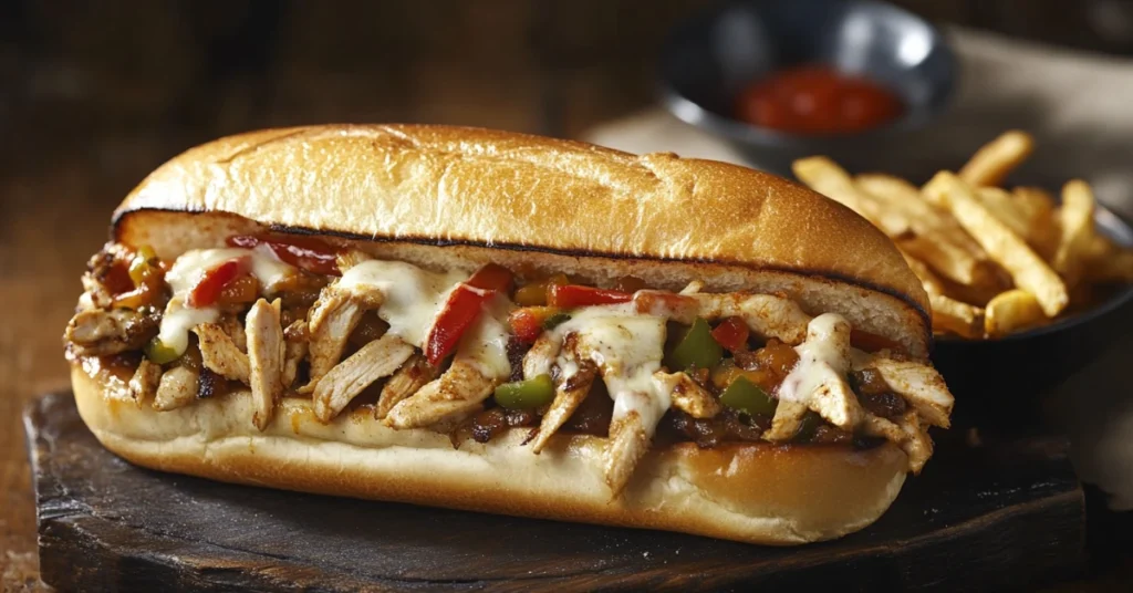 Chicken Philly Cheesesteak sandwich served with crispy fries on a wooden board