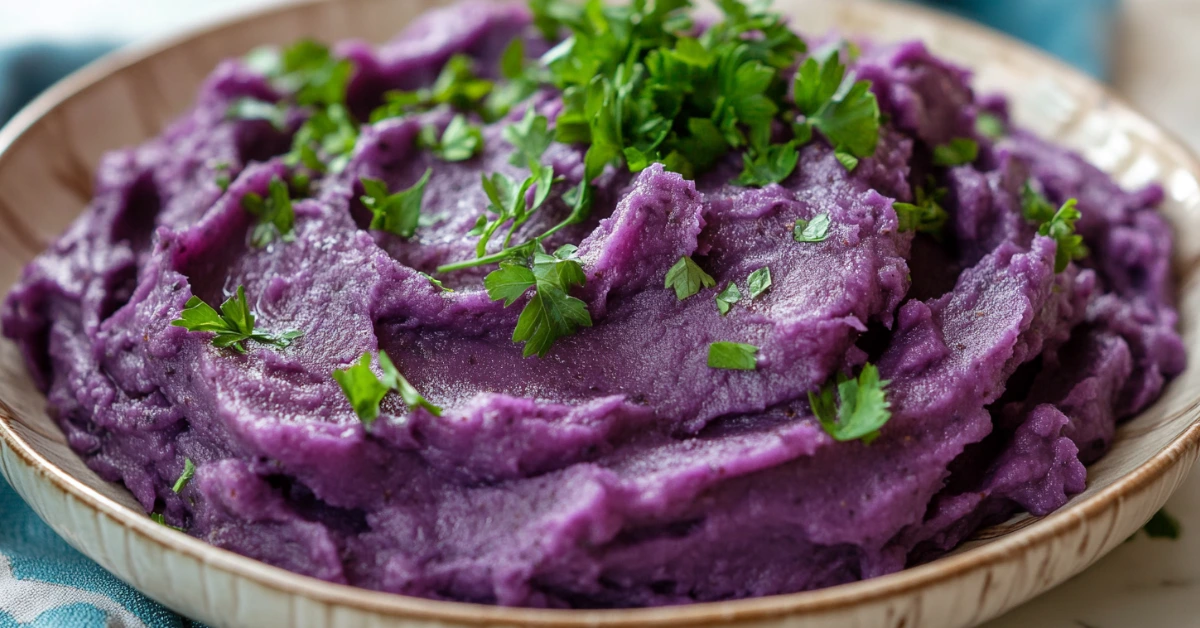 A vibrant purple sweet potato mash served in a white ceramic bowl garnished with fresh parsley.