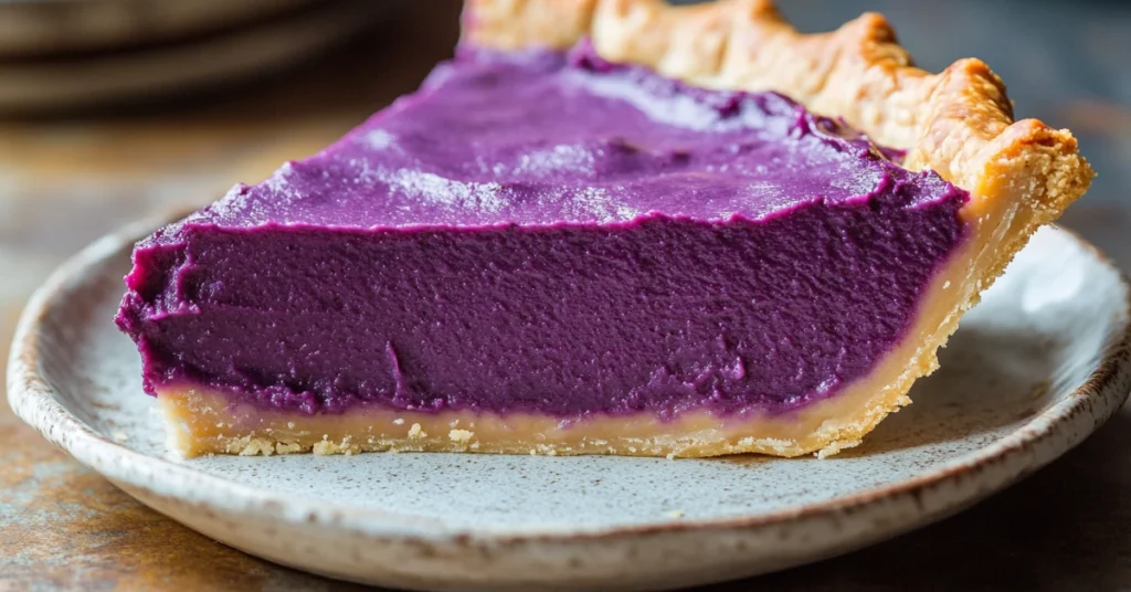 A homemade purple sweet potato pie with a slice cut out, revealing its rich and vibrant interior