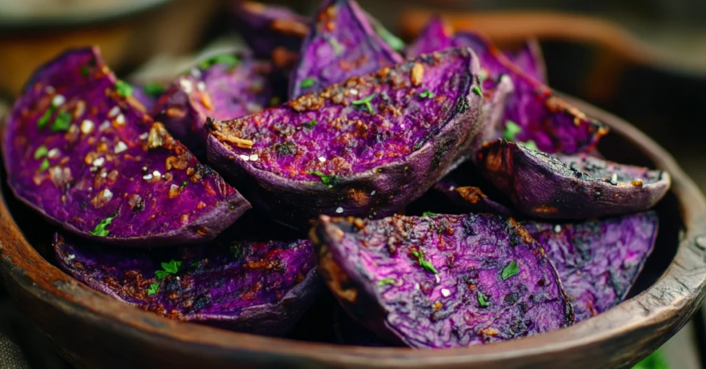 Crispy roasted purple sweet potato wedges served with a side of garlic dip on a rustic wooden plate