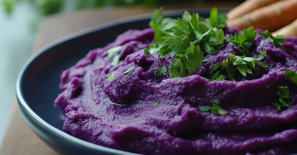 Creamy purple sweet potato mash in a white bowl, topped with fresh parsley for a colorful and inviting presentation