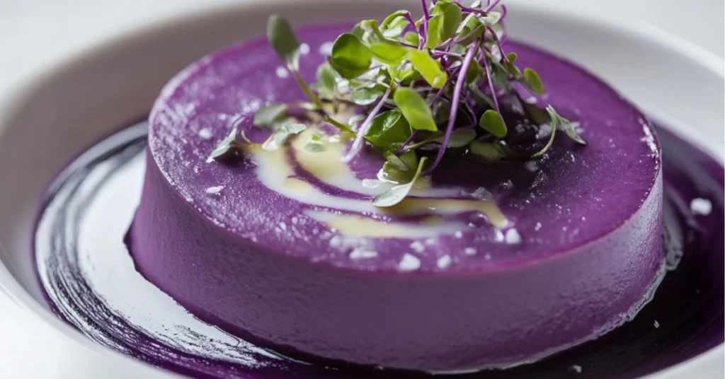 A creamy purple sweet potato soup served in a bowl with coconut milk swirls and fresh microgreens