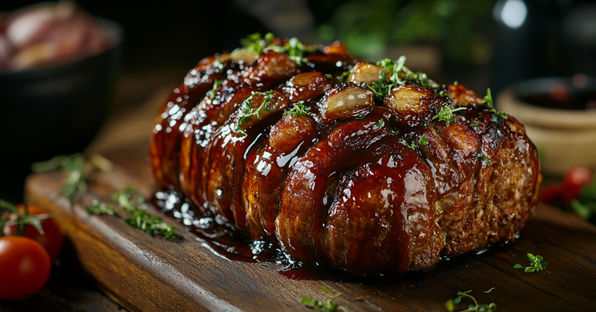 Perfectly smoked meatloaf with a caramelized glaze on a wooden board