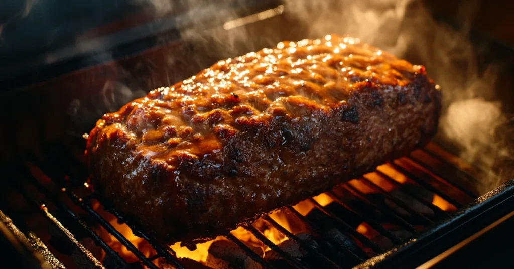 Meatloaf in a smoker surrounded by flavorful smoke and glowing coals.