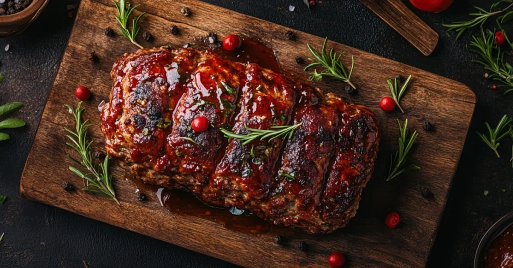 Smoked meatloaf topped with a shiny caramelized glaze, served on a rustic wooden board.