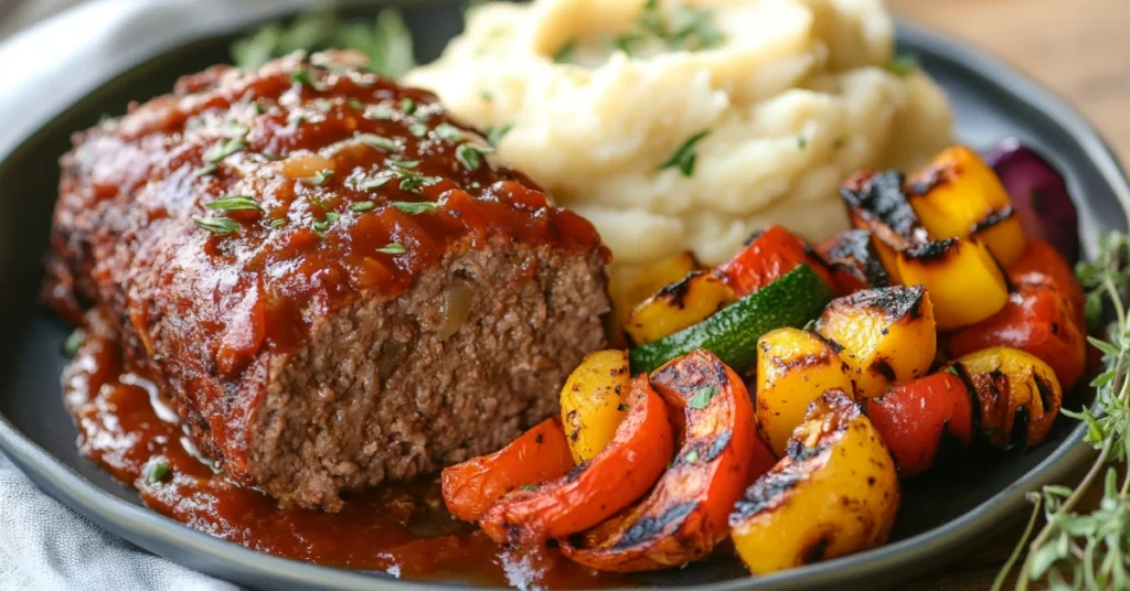 A plate of smoked meatloaf served with mashed potatoes and grilled vegetables.