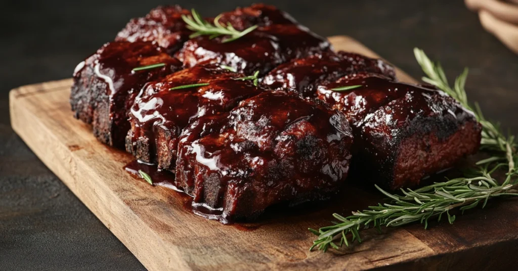 "A perfectly smoked meatloaf topped with a rich caramelized glaze, served on a rustic wooden board