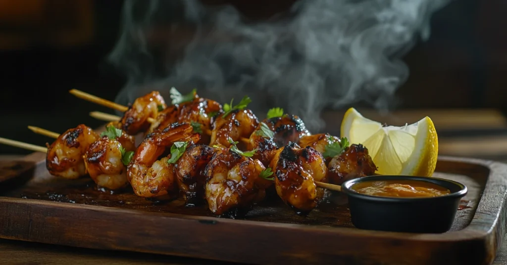 BBQ shrimp on skewers with lemon wedges and dipping sauce