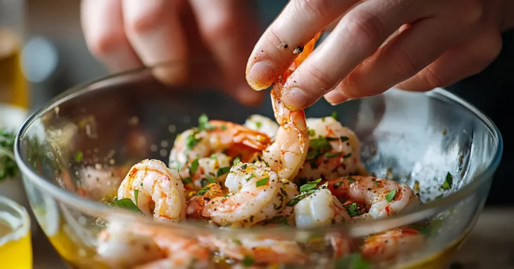 Raw shrimp marinating in a vibrant mix of spices and herbs.