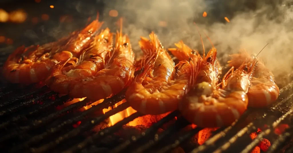 Shrimp grilling over an open flame with visible grill marks.