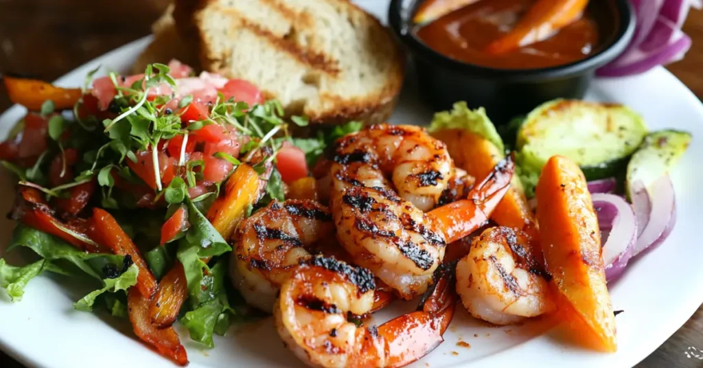 BBQ shrimp served with side dishes like salad and garlic bread.