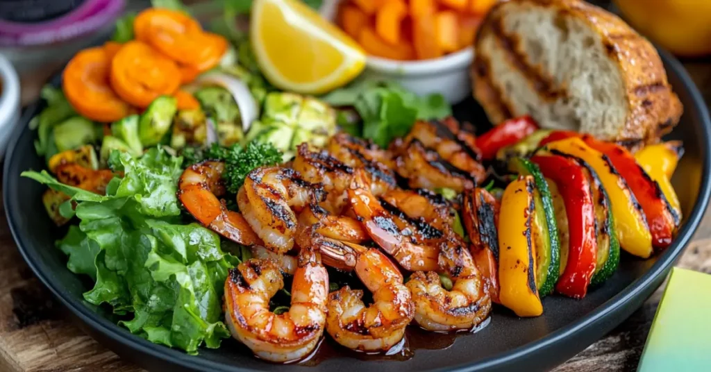 BBQ shrimp paired with a fresh salad, grilled vegetables, and warm garlic bread.