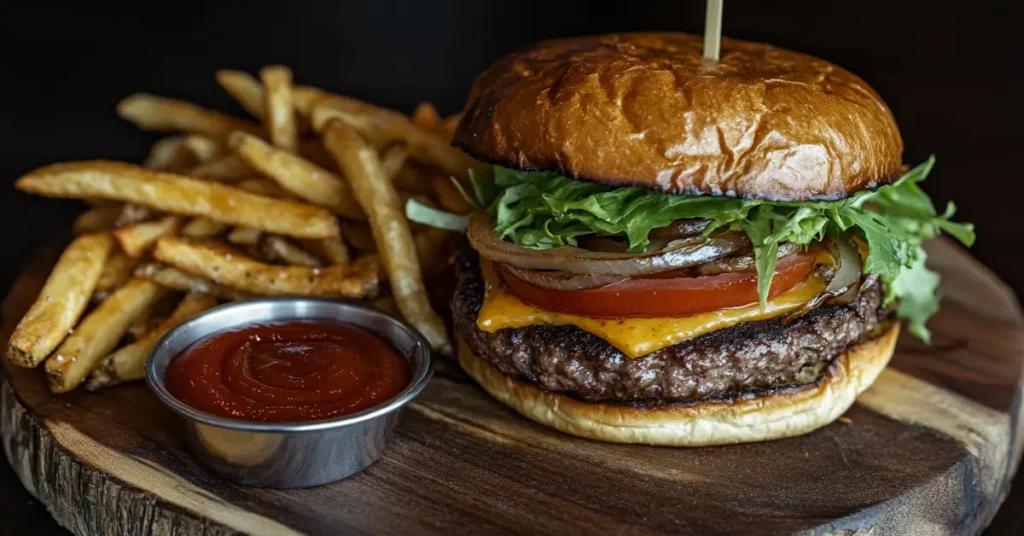 Perfectly cooked bison burger with classic toppings on a rustic plate.