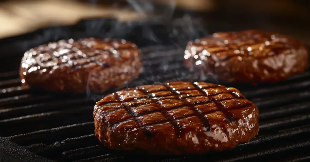 Bison burger patties cooking on a grill with smoke and grill marks.