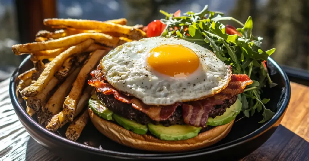 Bison burger with gourmet toppings like avocado, bacon, and a sunny-side-up egg.