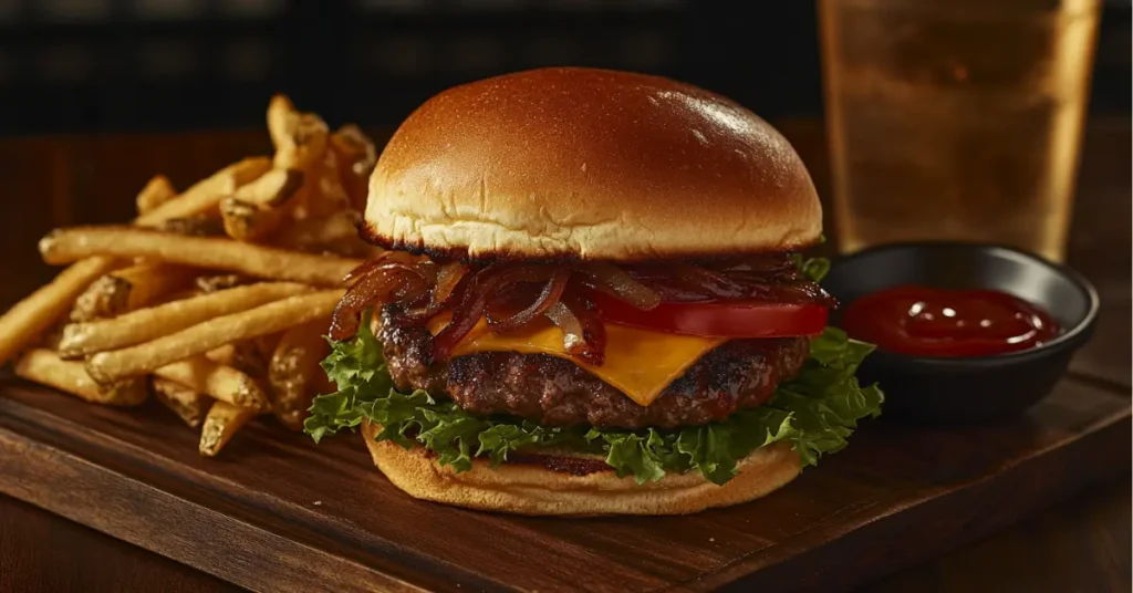 Juicy bison burger with cheddar, lettuce, and tomato on a brioche bun, served on a rustic plate with fries.