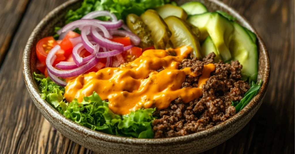 Burger bowl recipe with fresh ingredients in a rustic bowl