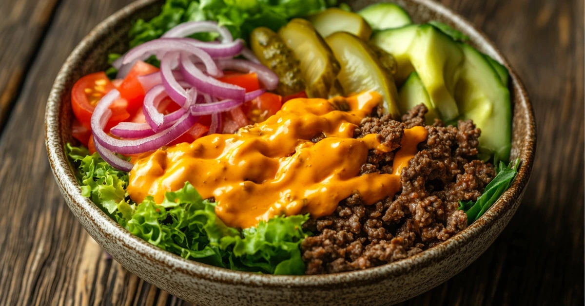 Burger bowl recipe with fresh ingredients in a rustic bowl