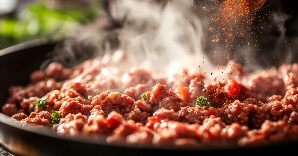 Ground beef cooking in a skillet for burger bowl recipe