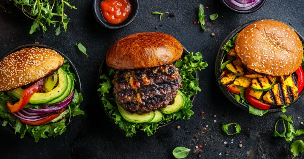 Three customizable burger bowl variations with different proteins and toppings