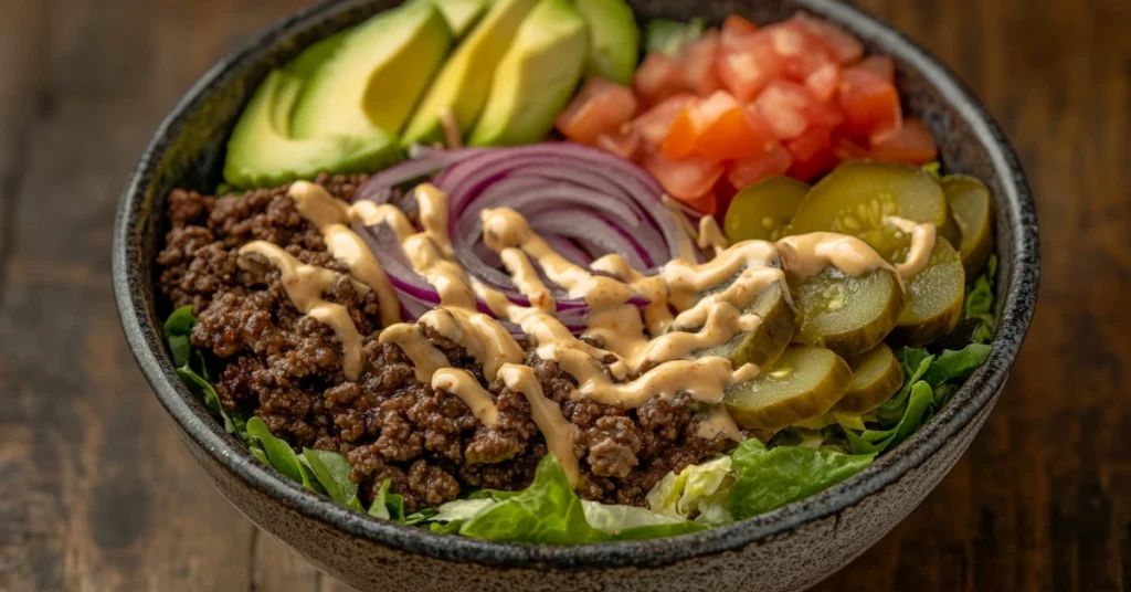 Fresh burger bowl served in a rustic dish with colorful toppings and sauce