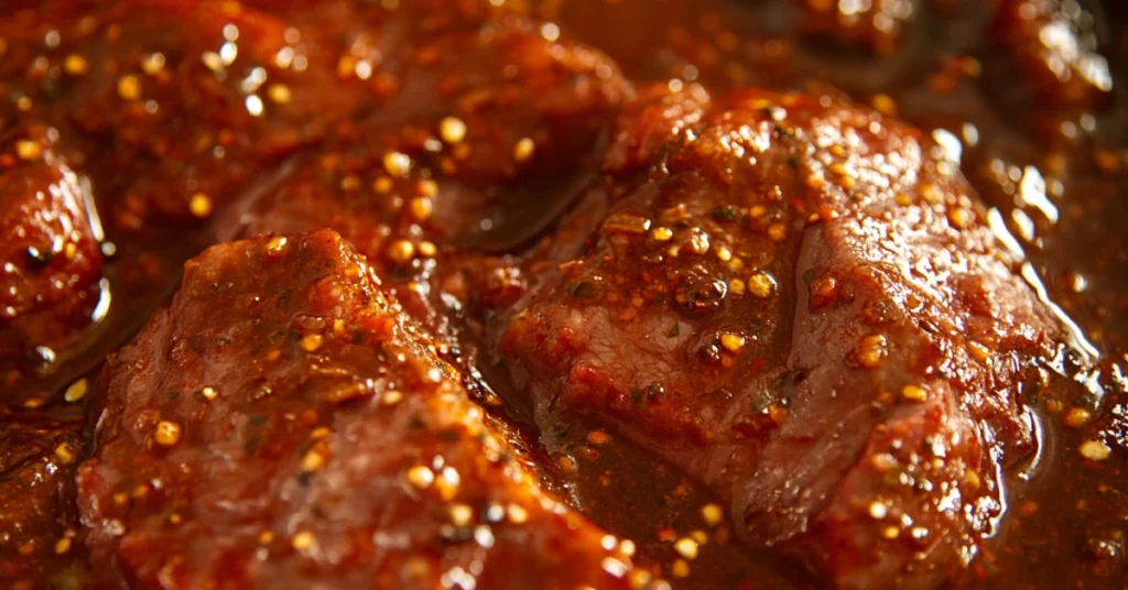 Steak marinating in smoky chipotle sauce inside a glass dish.