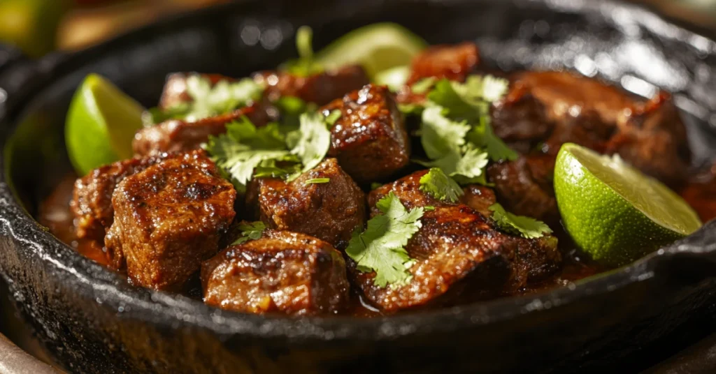 Juicy grilled steak garnished with fresh cilantro and lime wedges on a serving plate