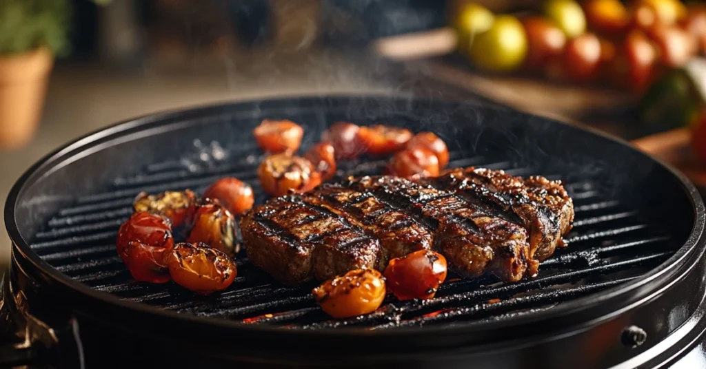 Chipotle steak sizzling on a hot grill with perfect char marks.