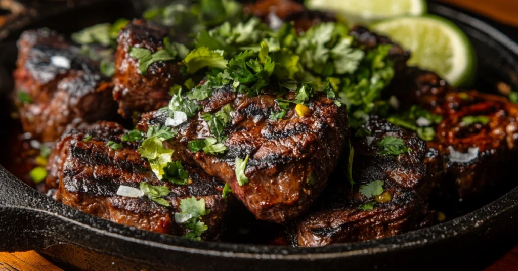 Perfectly charred chipotle steak topped with fresh cilantro and lime wedges, ready to serve.