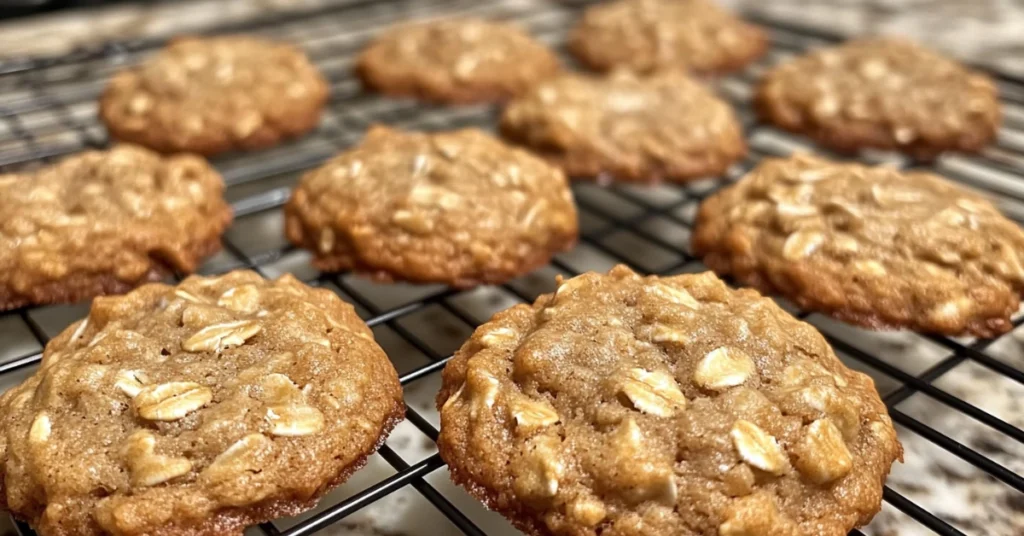 Freshly baked Quaker oatmeal cookies on a cooling rack.