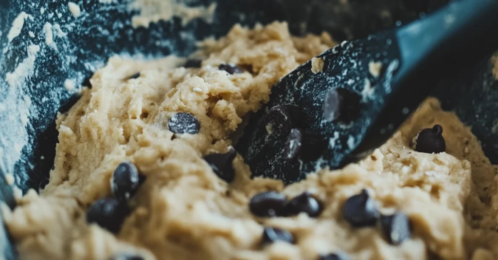 Raw oatmeal cookie dough with chocolate chips in a mixing bowl