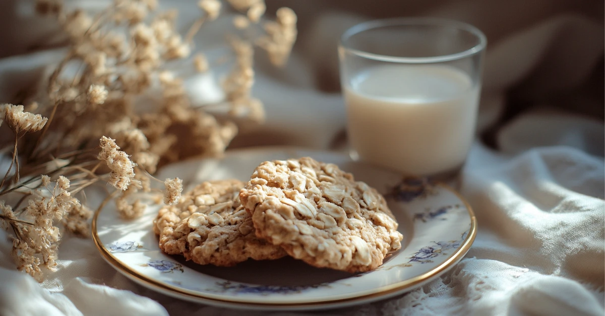 A plate of oatmeal cookies served with a glass of milk