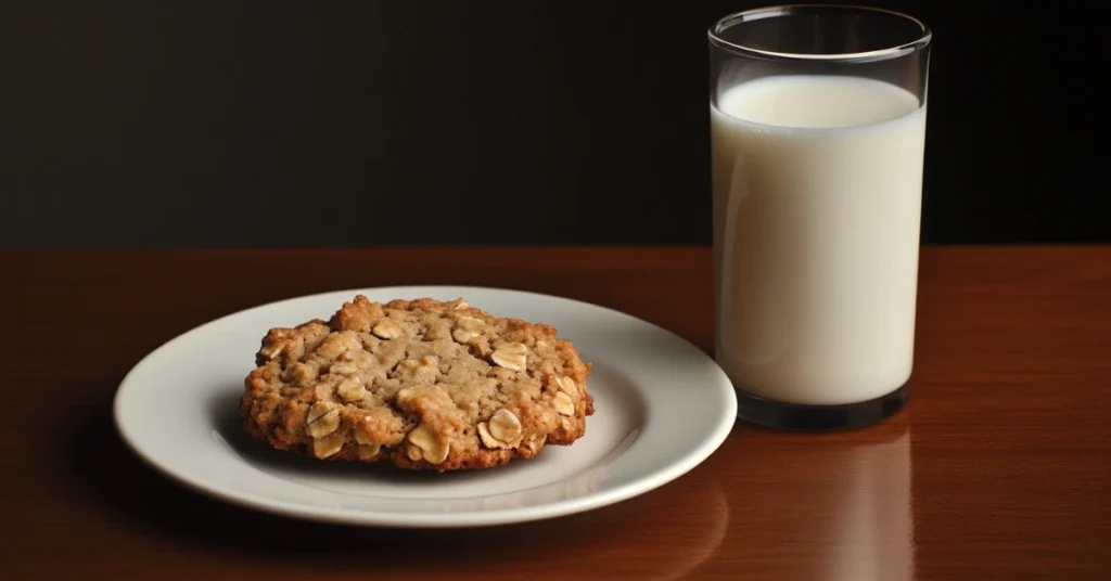 A plate of freshly baked oatmeal cookies next to a glass of cold milk.