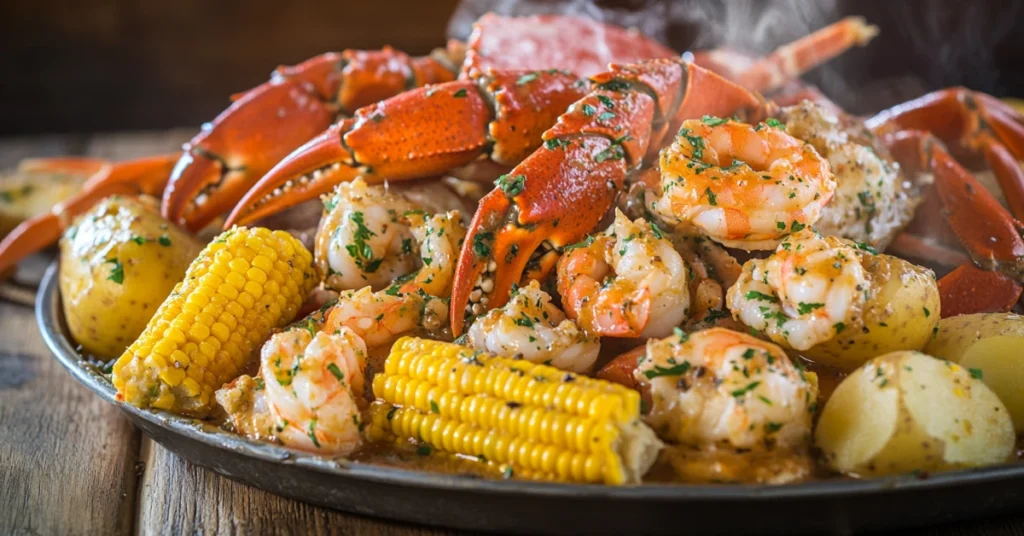 Seafood boil platter with rich buttery sauce on a wooden table