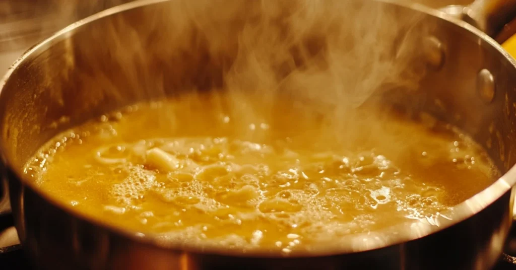 Close-up of melted butter and garlic in a saucepan for seafood boil sauce.